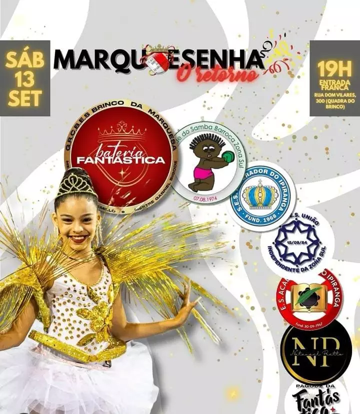 FESTA DA BATERIA FANTASTICA DO BRINCO DA MARQUESA SERÁ DIA 13 DE SETEMBRO COM BATERIAS DAS ESCOLAS CO-IRMÃS